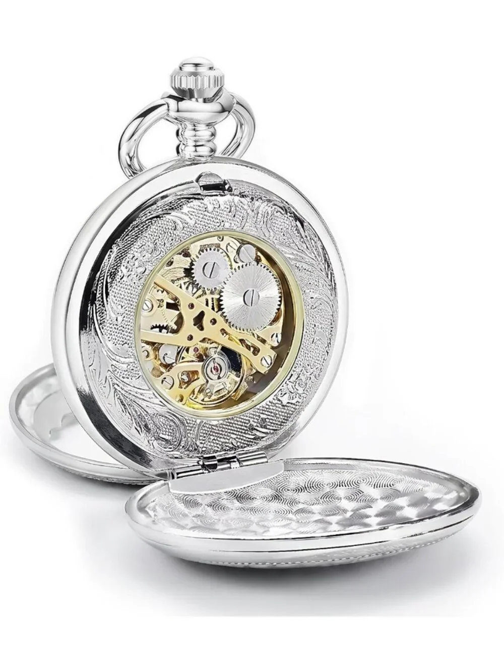Vintage Silver Skeleton Mechanical Pocket Watch with Chain - Double-Open Case